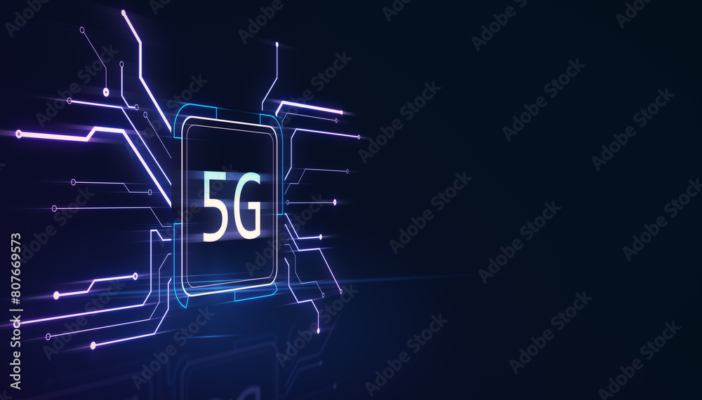 Poster Creative square circuit button hologram with 5G icon and mock up place. Technology and mobile internet concept. 3D Rendering.