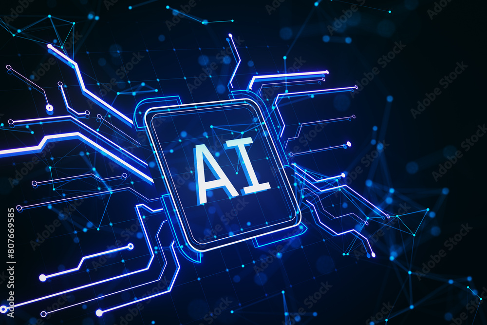 Aufkleber Creative square circuit button hologram with AI icon on dark wallpaper. Technology and artificial intelligence, machine learning concept. 3D Rendering.