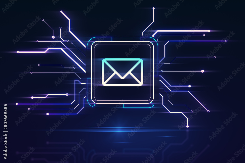 Aufkleber Creative square circuit button hologram with email icon. Technology and e-mail newsletter concept. 3D Rendering.
