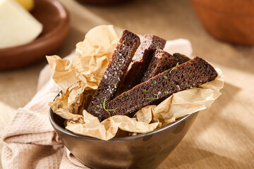 Homemade Garlic Croutons From Borodinsky Bread Served in Rustic Kitchen Setting