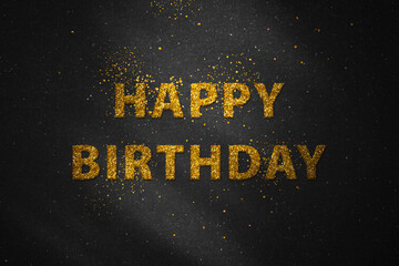 Happy birthday golden text with gold glitter on black background