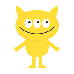 Happy Halloween. Monster standing . Yellow silhouette icon. Three eyes, ears, hands. Cute cartoon kawaii funny smiling baby character. Childish style. Flat design. White background. Isolated. Vector