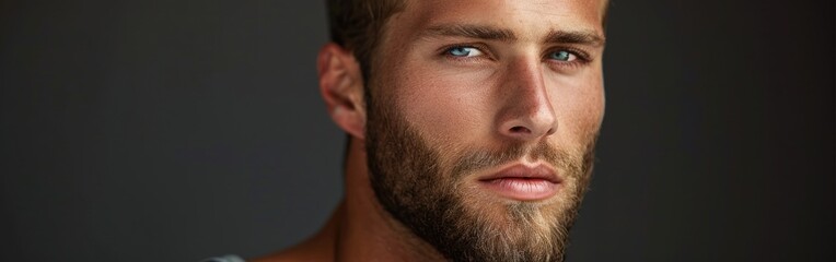 Fototapeta premium A detailed close up of a man with a full beard, showcasing his facial features and rugged appearance