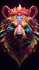 3D vector rainbow colored, wavy fractal neon bear head.