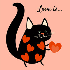 Funny black cat with hearts vector illustration. Hand drawn black cat and hearts, love is lettering