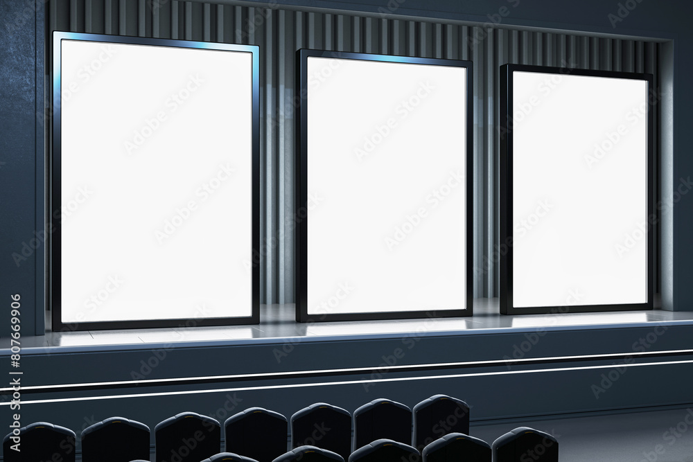 Poster Modern auditorium with triple widescreen displays for large events. 3D Rendering