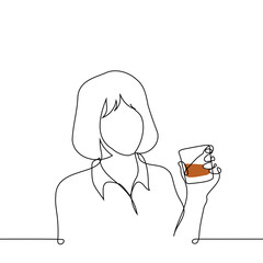 woman sitting with a raised glass of whiskey - one line art vector. concept drinking alone, whiskey connoisseur without ice