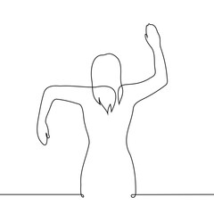 woman stands with her arms stretched out to the sides and elbows bent, her right hand up, left hand down. one line vector art. concept gestures, hand exercises, sending conflicting signs and signals