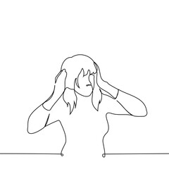 woman stands holding her head with both hands - one line art vector. concept horrified, migraine, shock