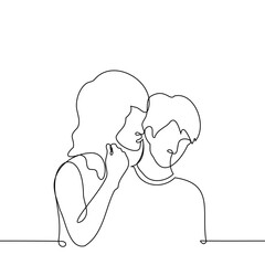 woman whispers in man ear standing behind him - one line art vector. concept of friends gossiping, couple flirting and seducing