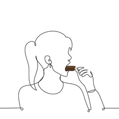 woman eats ice cream on a stick in big bites, stuffing it into her mouth - one line art vector. concept eating ice cream greedily.