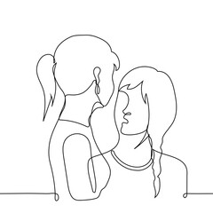 woman looks hypnotized into the face of a tall woman who is taller than her - one line art vector. concept woman in love, heed someone else's word, height difference