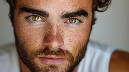 Obraz premium A detailed view of a young mans face showcasing his prominent freckles and unique features