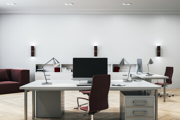 Modern wooden and concrete coworking office interior. Workplace concept. 3D Rendering.