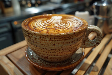 Intricately designed latte art in a ceramic cup in a cozy coffee shop. AI generated.