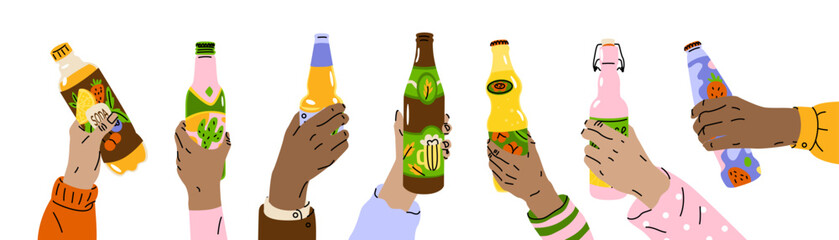Hands hold bottles with different drinks. Fun party with friends. Celebrating a birthday, New Year or wedding. Vector illustration isolated on transparent background.