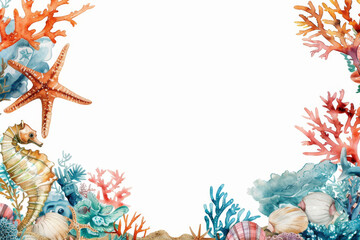 Watercolor painting coral reef ocean theme frame border.