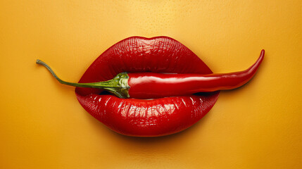 Dynamic stock image of red woman lips with a hot chili pepper, emphasizing the heat and excitement of exotic cuisine and bold lifestyle choices.