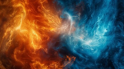 Dramatic clash of fiery red and cool blue swirls in a dynamic and intense abstract representation of elemental forces