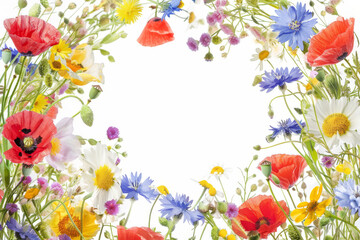 A colorful spring wild flowers meadow arrangement frame isolated on white background