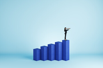 Young businesswoman with telescope standing on growing blue business chart and looking into the distance on light background with mock up place. Financial growth, forecast and success concept.