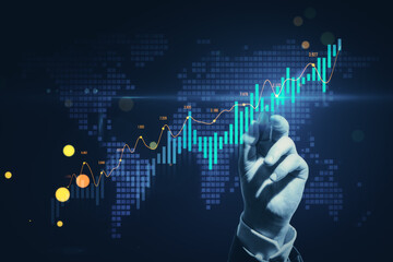 A hand interacting with digital financial graphs on a dark digital background, symbolizing data...