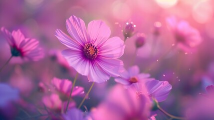 Obraz premium Calming Cosmos Blossoming: Cosmos flowers' slow bloom, calming rhythms of pink and purple.