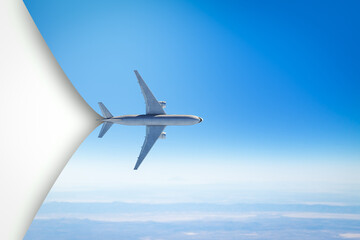 Creative airplane on bright sky background with mock up place. Travel and ad banner. 3D Rendering.