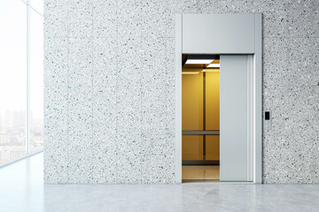Elevator doorway opening to a bright interior, minimalist corporate design. 3D Rendering