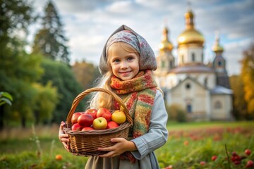 The Russian Orthodox holiday yablochny spas. A beautiful little girl in Russian national clothes and a headscarf with a basket of red ripe apples on the background of an Orthodox church.
