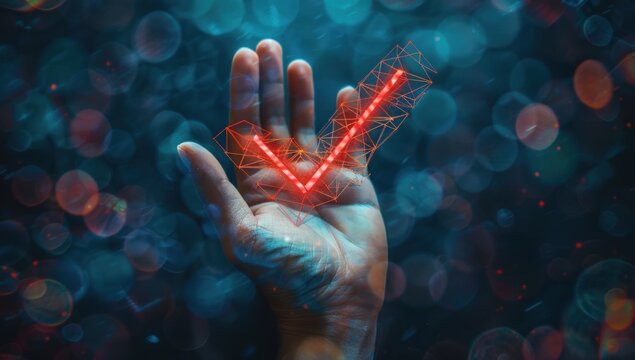 Craft an image where a hand, in intricate detail, presents a definitive check mark symbol, symbolizing perfection in quality control.