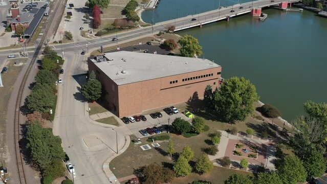Aerial drone view of downtown Green Bay Wisconsin, Brown County's Neville Public Museum