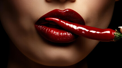 High-resolution image of vibrant red lips sensuously biting into a bright red chili pepper,...