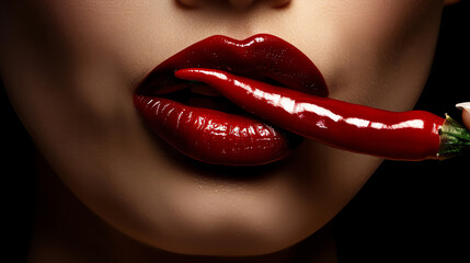Obraz premium High-resolution image of vibrant red lips sensuously biting into a bright red chili pepper, emphasizing bold flavors and passionate cooking.