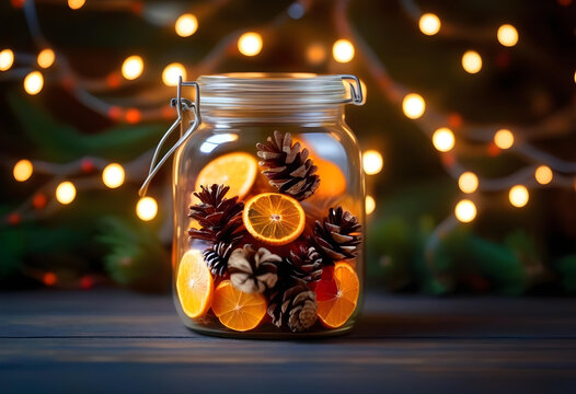 A glass jar filled with pine cones and dried oranges, with fairy lights on a dark background - Powered by Adobe