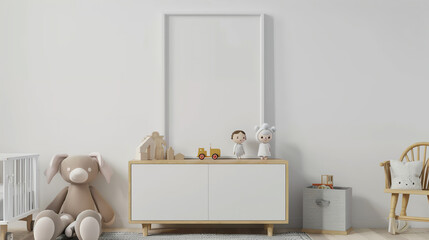 Photo of a bright and airy nursery with a large empty picture frame on the wall