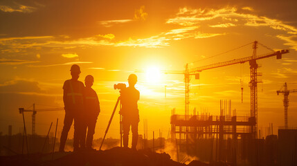 Silhouette of Two People Filming Construction Site at Sunset