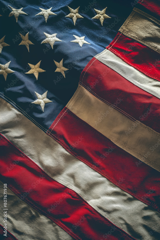 Wall mural close-up of dirty american flag, red, blue and white