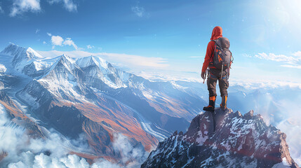 A mountain climber stands on the summit of a mountain, looking out at the view. The sky is clear, and the sun is shining. The climber is wearing a red jacket and a blue backpack.