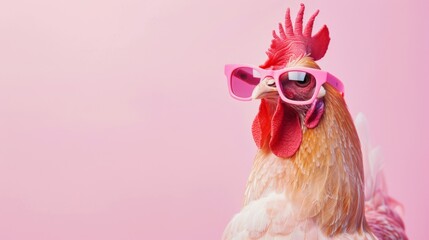 Fototapeta premium A stylish cock wearing glasses on pink background. Animal wearing sunglasses