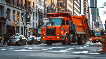 An orange garbage truck emptying bins on a city street