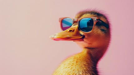 Fototapeta premium A stylish duck wearing glasses on pink background. Animal wearing sunglasses