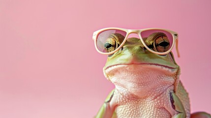 Fototapeta premium A stylish frog wearing glasses on pink background. Animal wearing sunglasses