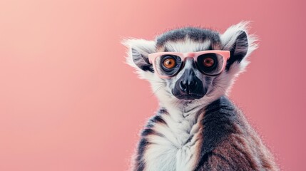 Fototapeta premium A stylish lemur wearing glasses on pink background. Animal wearing sunglasses