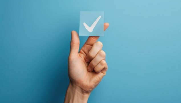 Photograph a hand gesturing towards a product, with the check mark symbol prominently displayed, showcasing the product's adherence to stringent quality standards.
