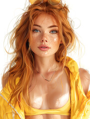 A woman with red hair and blue eyes is wearing a yellow shirt and a necklace