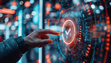 Shoot a scene where a hand confidently points towards a display, with the check mark symbol radiating from the center, highlighting flawless execution.