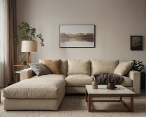 Cozy Living Room with Earthy Neutral Tones Modern Decor and Natural Light, beige and dark atmosphere