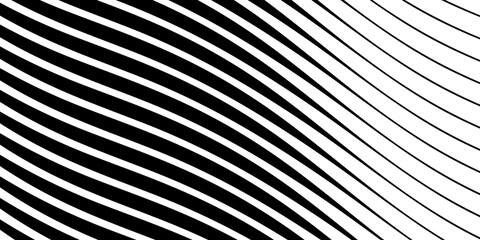 Diagonal lines halftone effect. Abstract black and white background with curve lines and waves. Banner.