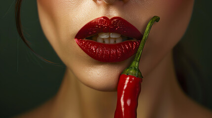Stock photo of a woman's red lips holding a hot chili pepper, creating a striking contrast and symbolizing spice and intensity, perfect for culinary and lifestyle themes.